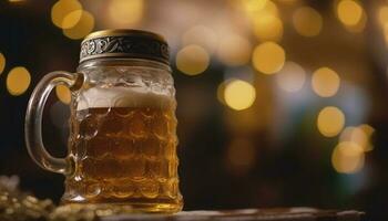 d'oro birra nel schiumoso pinta bicchiere si illumina buio pub notte generato di ai foto