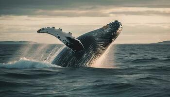 maestoso gobba balena violazioni, spruzzi nel blu mare onde generato di ai foto