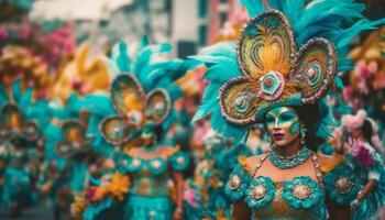 colorato parata di tradizionale costumi celebra brasiliano cultura e sensualità generato di ai foto