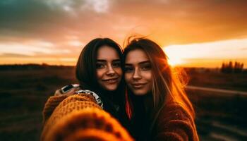 Due giovane donne abbracciando, Fotografare tramonto, spensierato e contento generato di ai foto