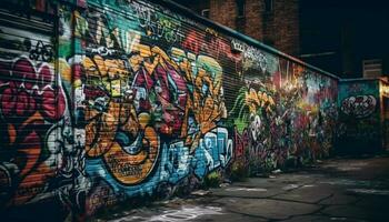 astratto graffiti murale si illumina buio città strada con Multi colorato caos generato di ai foto