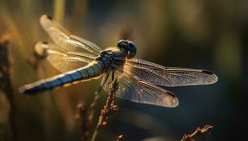 il libellula Multi colorato Ali luccicare nel il vivace luce del sole generato di ai foto