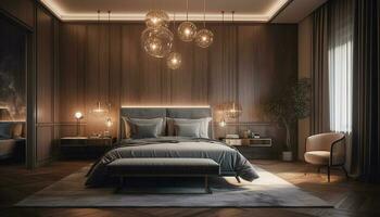 moderno lusso Camera da letto confortevole eleganza, illuminato di elettrico lampade generato di ai foto