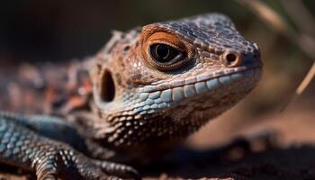 in via di estinzione iguana striscia su ramo, bilancia e occhio nel messa a fuoco generato di ai foto