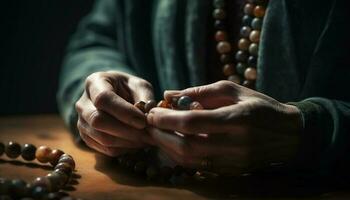 preghiere mani hold rosario perline, simboleggiante amore e spiritualità generato di ai foto