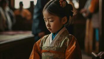 carino ragazza nel tradizionale yukata sorridente, apprendimento di giapponese cultura generato di ai foto