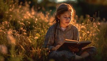 un' spensierato ragazza godendo letteratura nel il bellezza di natura generato di ai foto