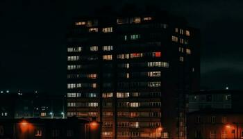 il moderno città orizzonte si illumina con illuminato grattacieli a crepuscolo generato di ai foto