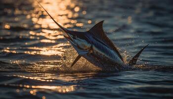 un' delfino salti nel il tramonto, attraente pesce nel movimento generato di ai foto