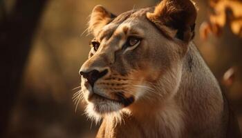 maestoso leonessa a piedi attraverso savana, mettere in guardia e fissando avanti generato di ai foto