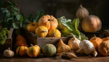 rustico autunno tavolo decorazione fresco biologico zucca collezione per Halloween generato di ai foto