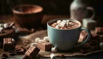 indulgente caldo cioccolato con marshmallows su rustico di legno tavolo generato di ai foto