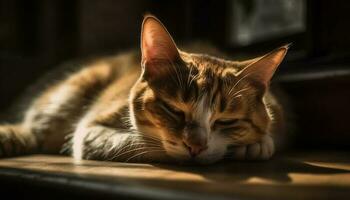 un' carino, soffice gattino con a strisce pelliccia addormentato in casa pacificamente generato di ai foto
