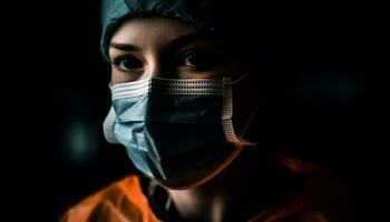 un' giovane adulto chirurgo nel protettivo abbigliamento da lavoro guardare a telecamera generato di ai foto