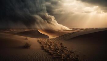 tranquillo tramonto al di sopra di increspato sabbia dune nel a distanza natura selvaggia la zona generato di ai foto