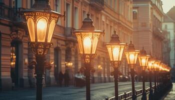 il ornato lanterna si illumina nel il crepuscolo di il cittadina piazza generato di ai foto