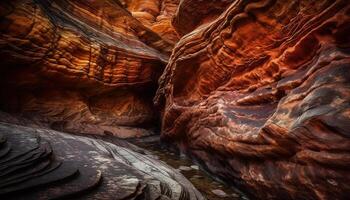 fluente acqua scolpisce maestoso arenaria curve nel antilope canyon, estate avventura generato di ai foto