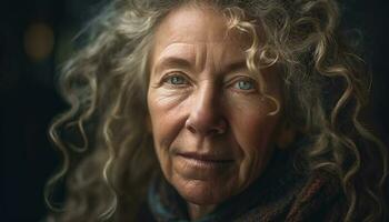 sereno anziano donna con grigio capelli sorridente con fiducia all'aperto generato di ai foto