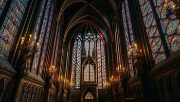 dentro colonia Cattedrale, Gotico architettura e macchiato bicchiere illuminare spiritualità generato di ai foto