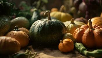 autunno raccogliere un' rustico tavolo di ornato zucca decorazioni generato di ai foto