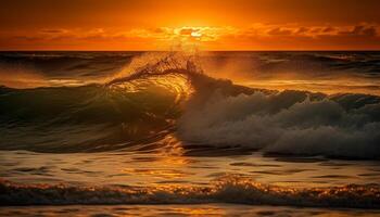 il tranquillo scena di il sole crescente al di sopra di il Surf generato di ai foto