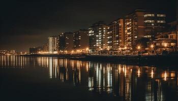 il città orizzonte riflette su il acqua a crepuscolo generato di ai foto