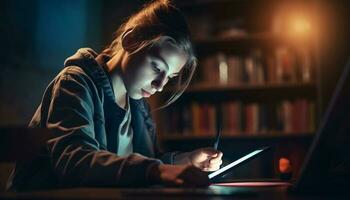 un' giovane adulto studiando al chiuso, concentrandosi su tecnologia e letteratura generato di ai foto