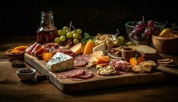 un' rustico buongustaio pasto prosciutto, salame, formaggio, pane, frutta, vino generato di ai foto