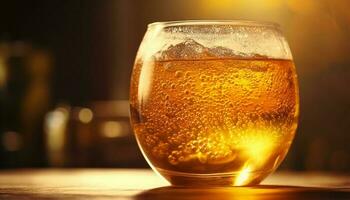 un' schiumoso bevanda versa in un' whisky bicchiere a il bar generato di ai foto