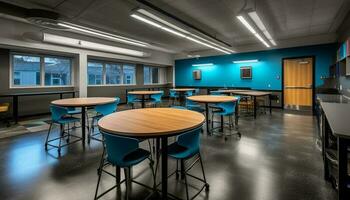 moderno aula con blu sedie e di legno banchi per apprendimento generato di ai foto