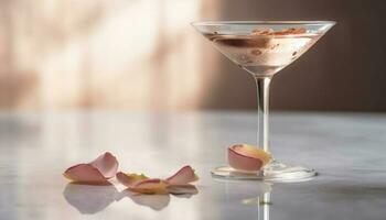 un' lussuoso cocktail con buongustaio cioccolato e fresco frutta fetta generato di ai foto