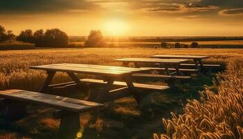 tranquillo tramonto al di sopra di rustico azienda agricola, sedie su erboso prato generato di ai foto