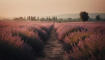 un' tranquillo tramonto al di sopra di un' viola prato, natura aromaterapia generato di ai foto