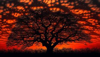 silhouette di albero ramo indietro illuminato di arancia tramonto splendore generato di ai foto