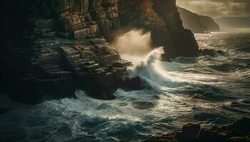 tramonto al di sopra di maestoso grande su, rottura onde su roccioso costa generato di ai foto