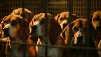 carino beagle cucciolo seduta all'aperto, guardare per amicizia e divertimento generato di ai foto