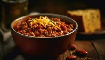 un' rustico ciotola di fatti in casa chili, cucinato con fresco carne generato di ai foto