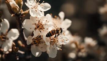 occupato miele ape impollina giallo fiore testa nel fresco primavera generato di ai foto