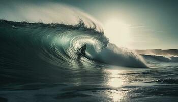 fare surf uomini cavalcata tubatura onda, spruzzatura liquido nel soggezione ispirando bellezza generato di ai foto