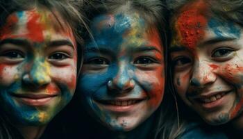 colorato infanzia celebrazione ragazzi e ragazze dipingere facce, sorridente insieme generato di ai foto