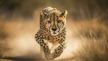 maestoso ghepardo a piedi attraverso savana, fissando a tramonto bellezza generato di ai foto