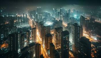moderno grattacieli illuminare il affollato città orizzonte a notte generato di ai foto