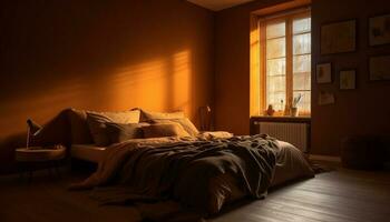 un' lussuoso moderno Camera da letto con confortevole biancheria da letto e elegante arredamento generato di ai foto