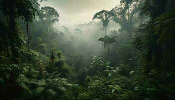 un' misterioso avventura attraverso il spaventoso tropicale foresta pluviale attende generato di ai foto