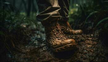 uno persona escursioni a piedi nel il foresta con sporco escursioni a piedi stivali generato di ai foto