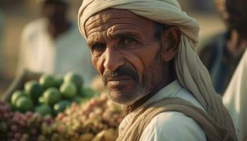 sorridente indiano contadino vendita biologico frutta a rurale mercato In piedi generato di ai foto