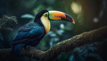 vivace ara e tucano perching su ramo nel tropicale foresta pluviale generato di ai foto