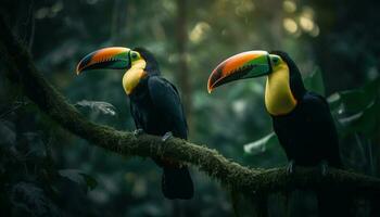 il vivace tucano posatoi su un' ramo nel il foresta pluviale generato di ai foto