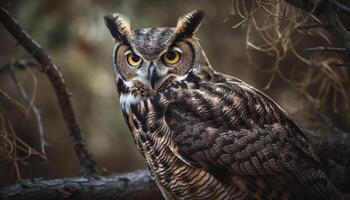 il maestoso aquila gufo perching su un' albero ramo generato di ai foto