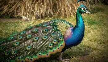 maestoso pavone viene visualizzato vivace Multi colorato piume nel tropicale foresta pluviale generato di ai foto